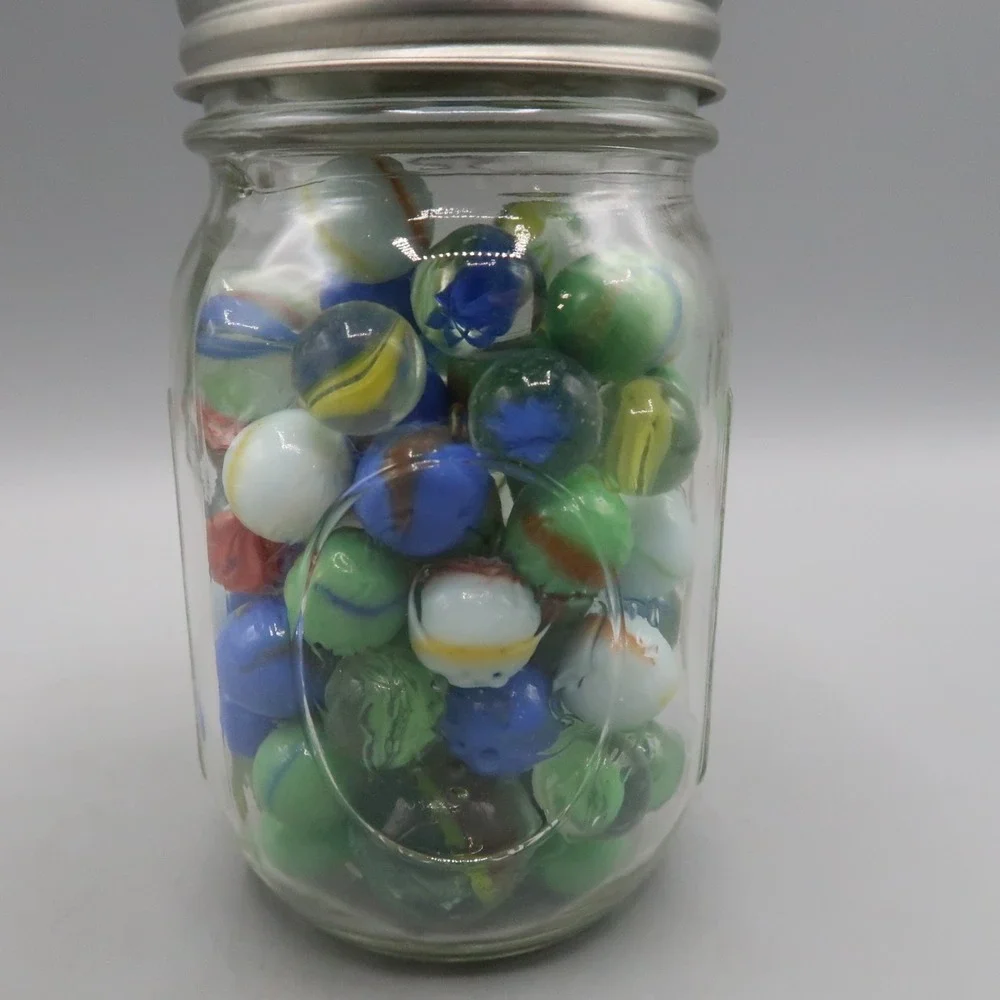 Jar Lot of Vintage Glass Marbles Large and Small Cats Eye Swirl Ribbon